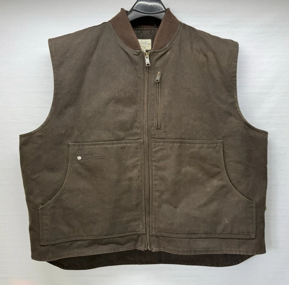 CABELA'S RoughNeck Mens 3XL Brown Canvas Quilt Lined Insulated Zip Work Vest